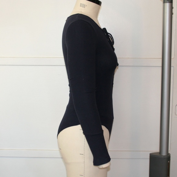 Navy Rib Bodysuit with Laced Front Bodice - Picture 6 of 8